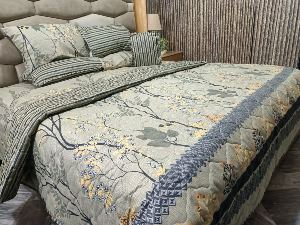 Premium 7 Piece Printed Comforter Set King Size Cotton Mix Bedding Set With Filled Comforter Bedsheet Pillow Covers And Cushion Cover (Copy)