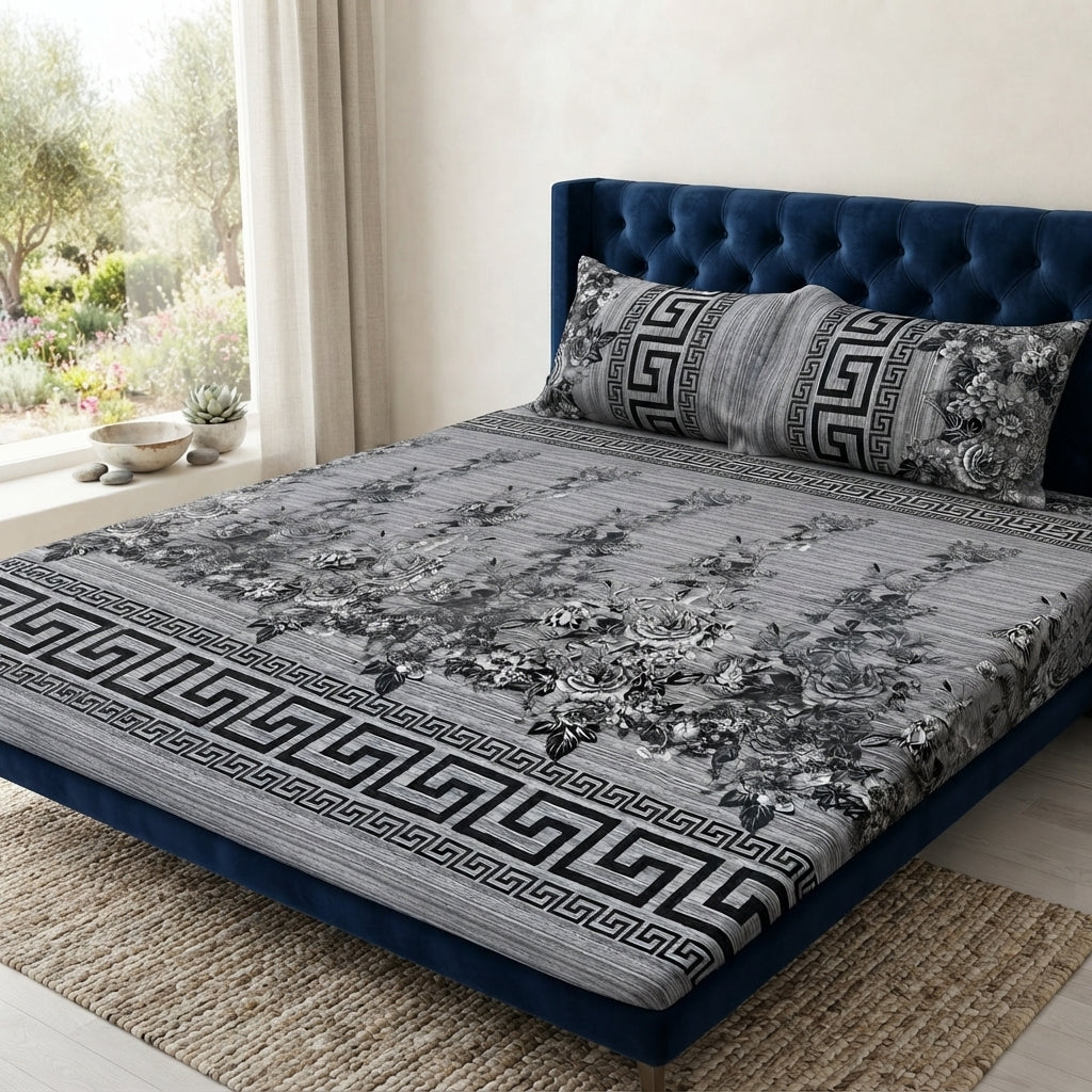 3D Crystal Cotton 3 Piece Bedsheet Set Premium Fabric Lifetime Guarantee Includes Bedsheet And Pipping Pillow Covers