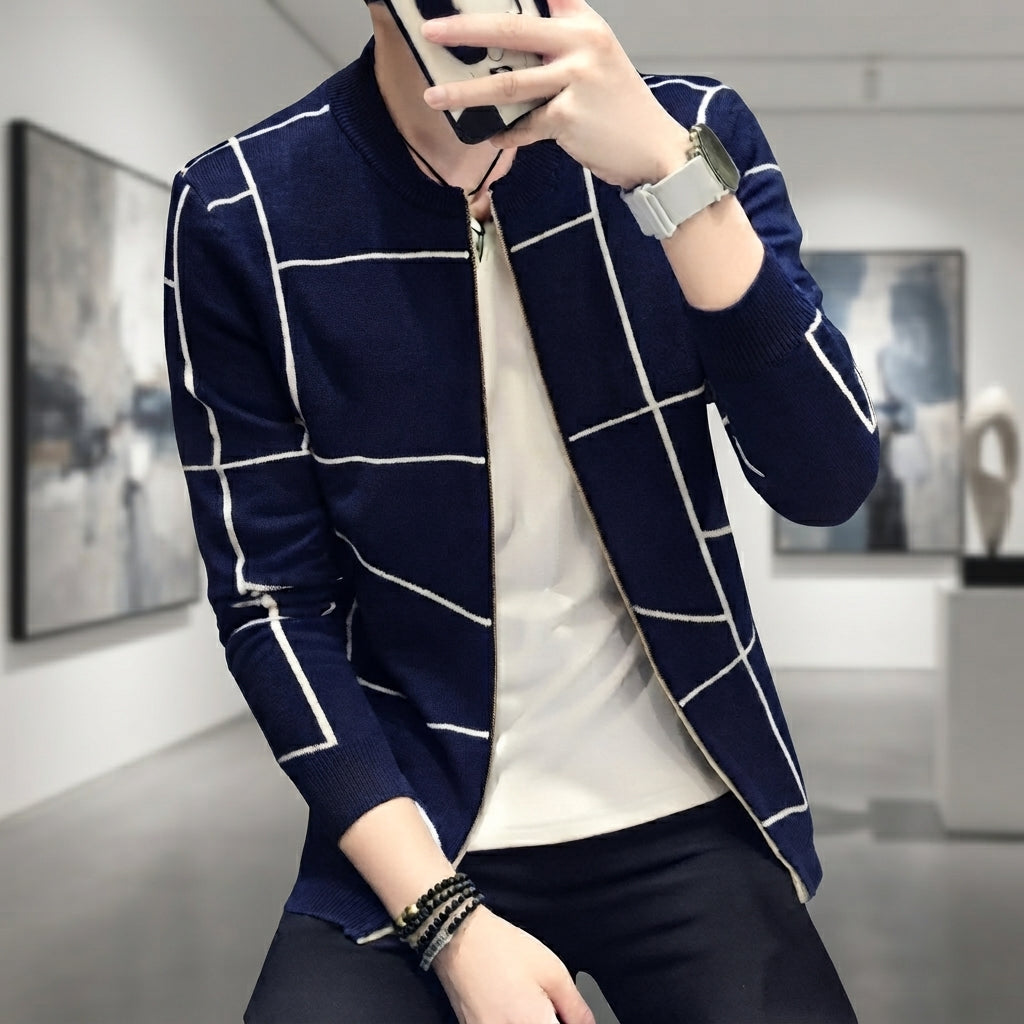 Men's Grid Pattern Casual Jacket – Navy Blue