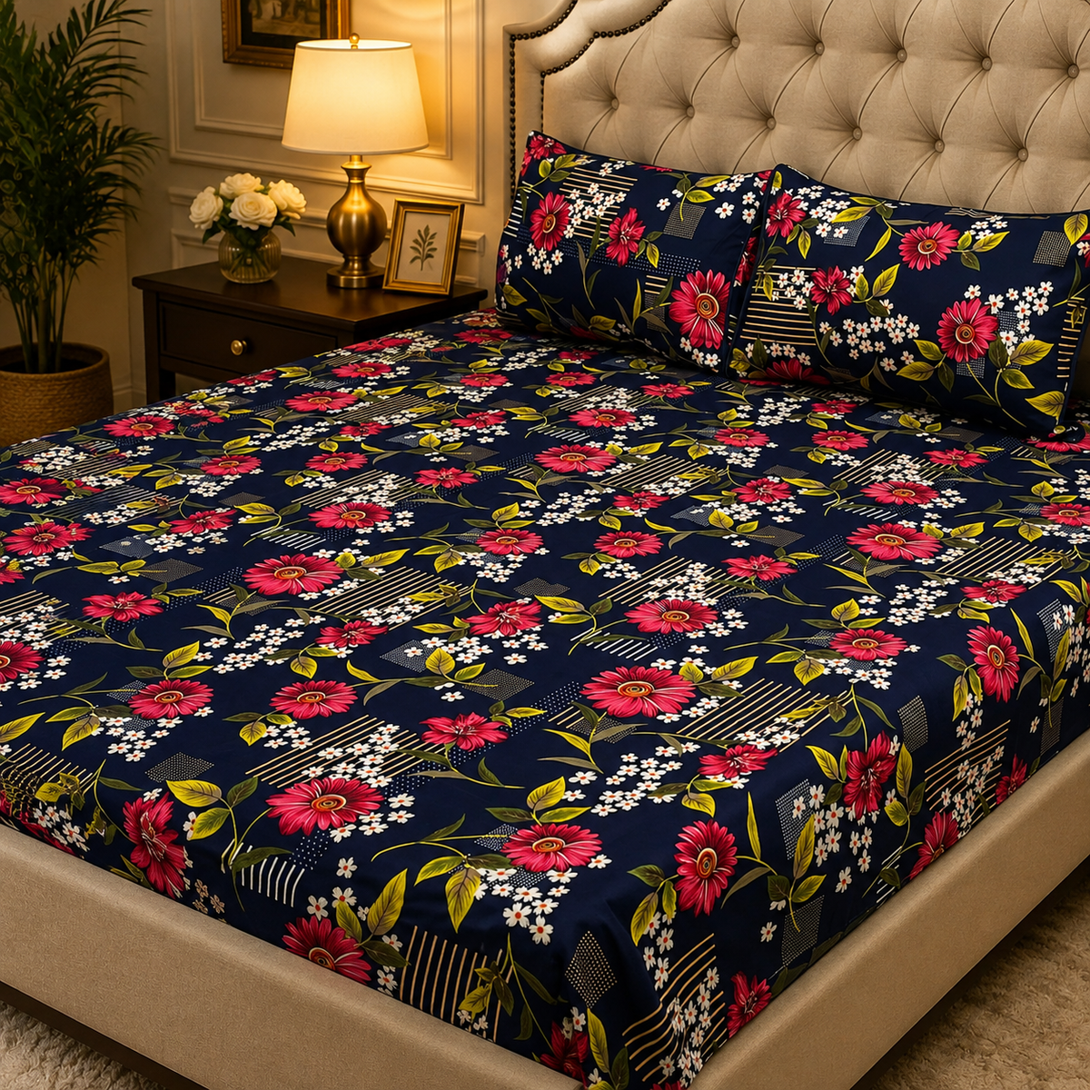 3D Crystal Cotton 3-piece Bedsheet Set - Home Accessory Designed For Bedroom (AY0010051)
