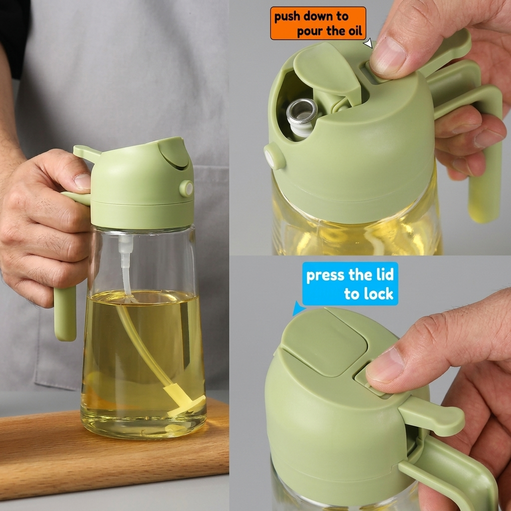 2-in-1 Oil Spray Bottle 500ml | Glass Oil Dispenser with Adjustable Mist Sprayer