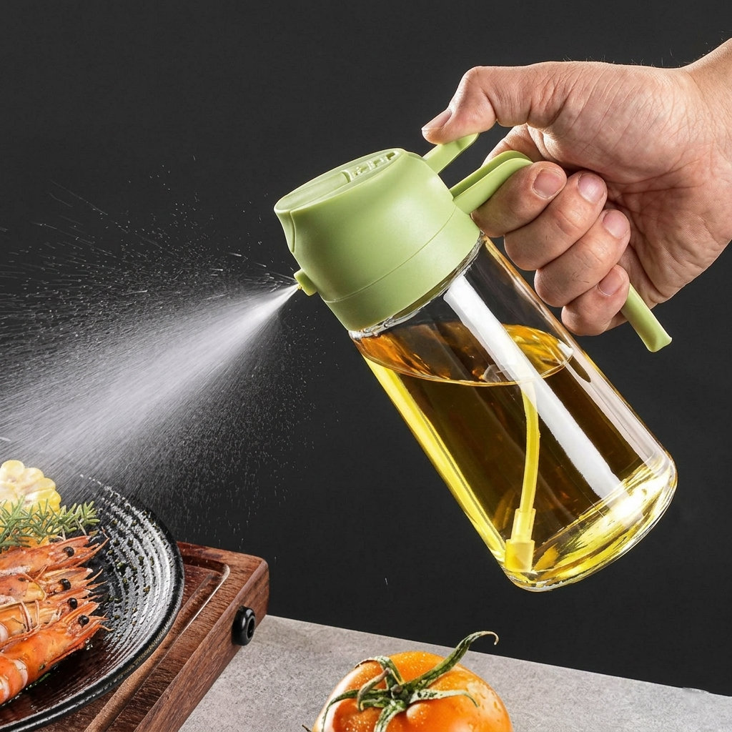 2-in-1 Oil Spray Bottle 500ml | Glass Oil Dispenser with Adjustable Mist Sprayer