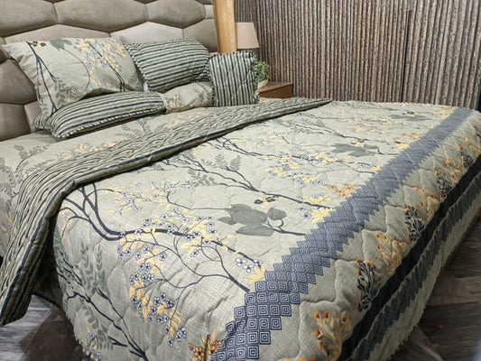 Premium 7 Piece Printed Comforter Set King Size Cotton Mix Bedding Set With Filled Comforter Bedsheet Pillow Covers And Cushion Cover (Copy)