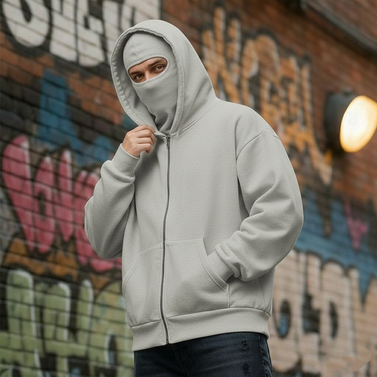 Balaclava Ninja Zipper Hoodie Jacket For Men – Comfy Fashion – Grey