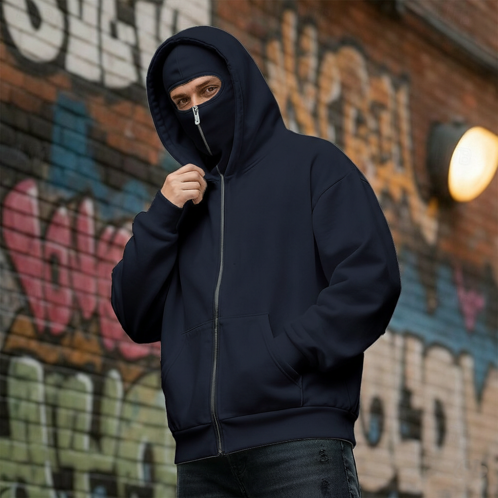 Balaclava Ninja Zipper Hoodie Jacket For Men – Comfy Fashion - Navy Blue