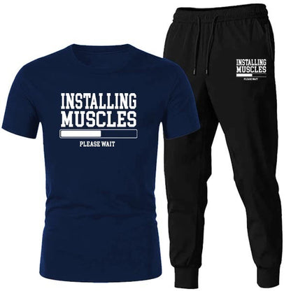 Men's Printed Tracksuit Soft Fabric Stylish Navy Blue Half Sleeve T Shirt and Black Trouser Fitness Outfit