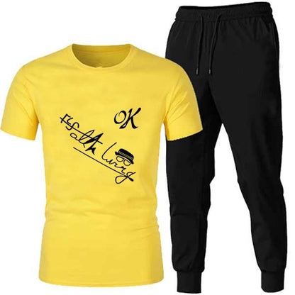 Men's Printed Tracksuit Soft Fabric Stylish Yellow Half Sleeve T Shirt and Black Trouser Fitness Outfit