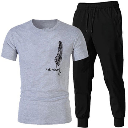 Men's Printed Tracksuit Set Soft Fabric Stylish Grey Half Sleeve T Shirt and Black Trouser Fashionable Outfit