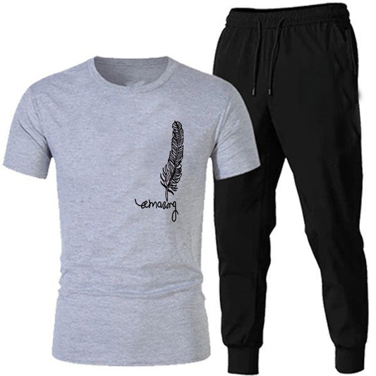 Men's Printed Tracksuit Set Soft Fabric Stylish Grey Half Sleeve T Shirt and Black Trouser Fashionable Outfit