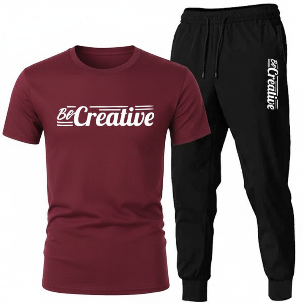 Men's Printed Tracksuit Soft Fabric Stylish Maroon Half Sleeve T Shirt and Black Trouser Fashionable Outfit