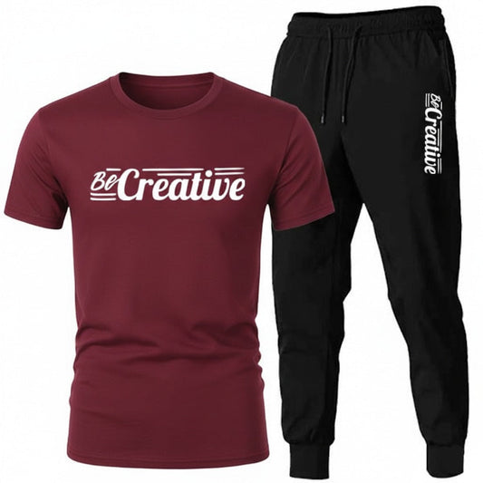 Men's Printed Tracksuit Soft Fabric Stylish Maroon Half Sleeve T Shirt and Black Trouser Fashionable Outfit