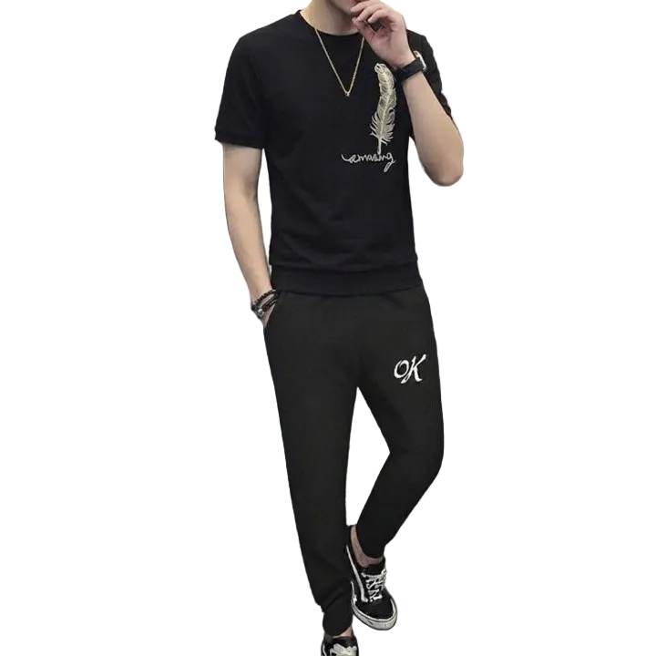 Men's Printed Tracksuit Set Soft Fabric Stylish Half Sleeve T Shirt and Trouser Fashionable Outfit