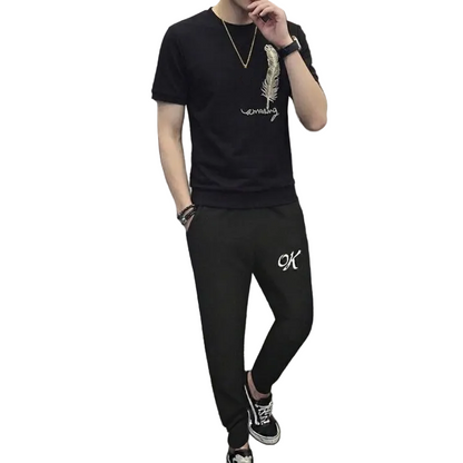Men's Printed Tracksuit Set Soft Fabric Stylish Half Sleeve T Shirt and Trouser Fashionable Outfit
