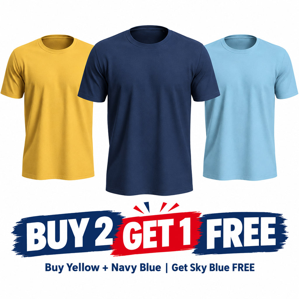 Pack of 3 Premium Plain T-Shirts (Yellow + Dark Blue + Sky Blue) for Men & Boys – Polyester