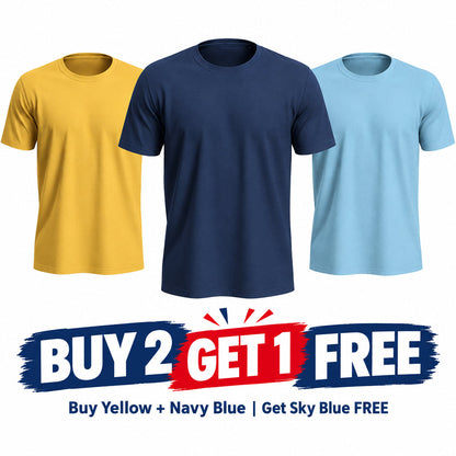 Pack of 3 Premium Plain T-Shirts (Yellow + Dark Blue + Sky Blue) for Men & Boys – Polyester