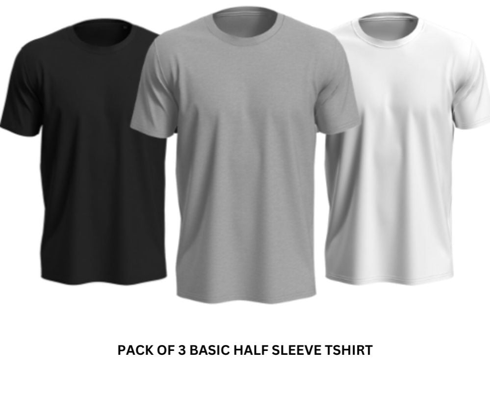 Pack of 3 Premium Plain T-Shirts (Black + Grey + White) for Men & Boys – Polyester