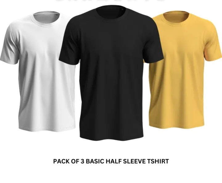 Pack of 3 Premium Plain T-Shirts (White + Black + Yellow) for Men & Boys – Polyester