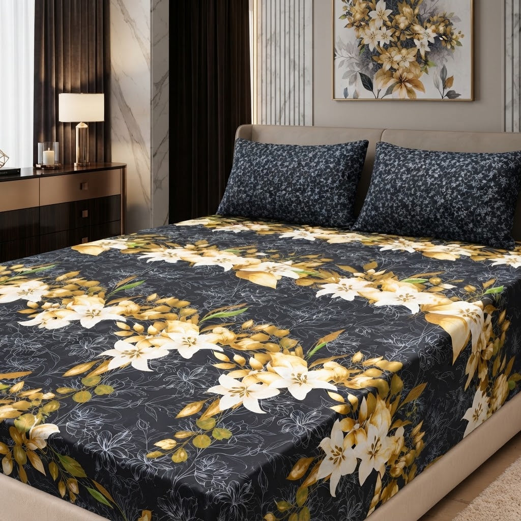 Gift Pack Bedsheet Cotton Mix Full Printed 3PC Set With King Size Sheet And 2 Pillow Covers