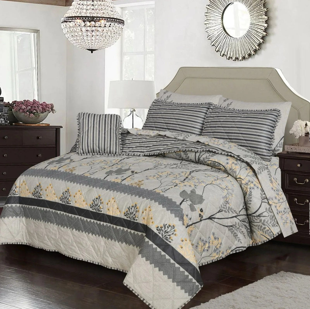 Premium 7 Piece Printed Comforter Set King Size Cotton Mix Bedding Set With Filled Comforter Bedsheet Pillow Covers And Cushion Cover (Copy)