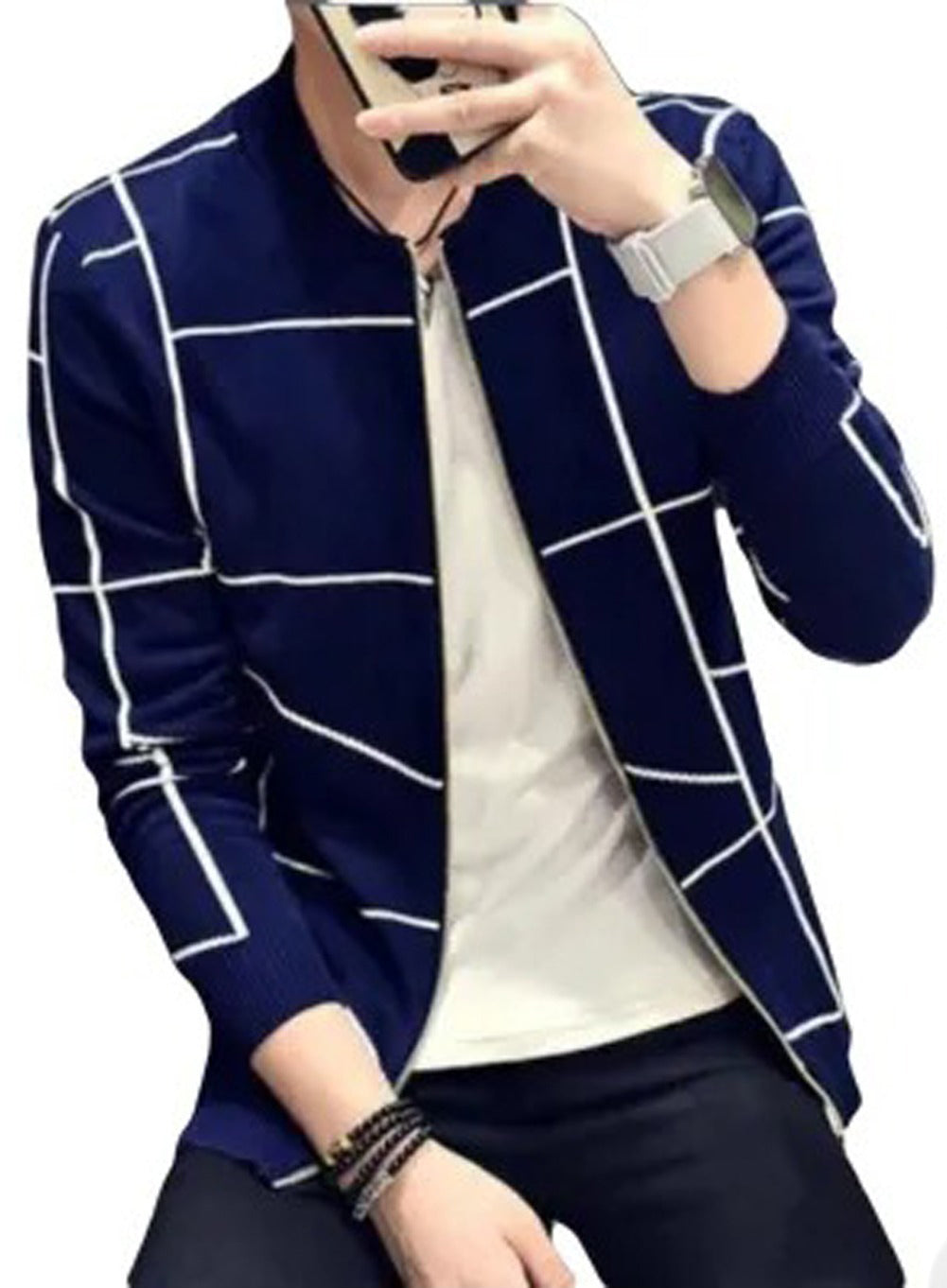 Men's Grid Pattern Casual Jacket – Navy Blue