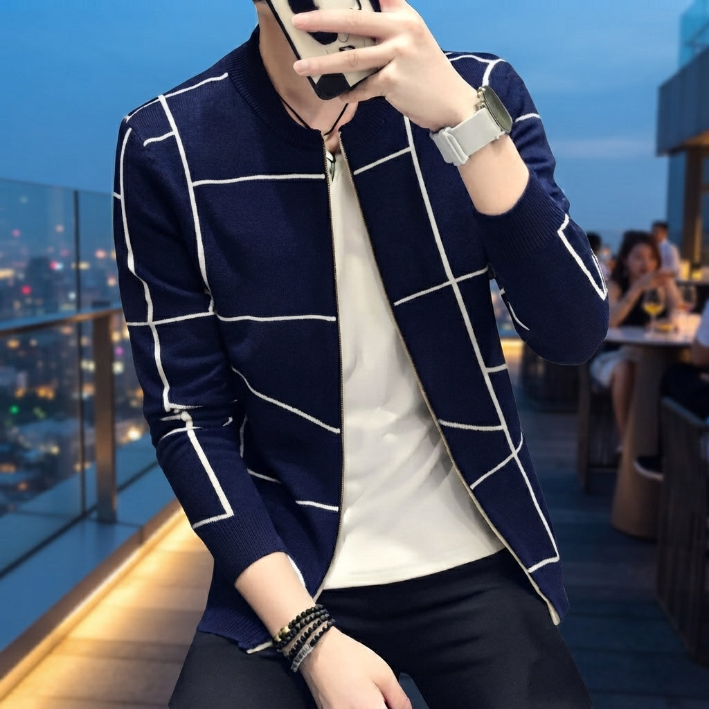 Men's Grid Pattern Casual Jacket – Navy Blue