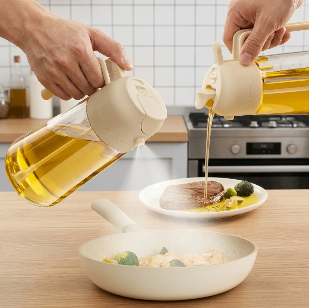 2-in-1 Oil Spray Bottle | Adjustable Mist & Dispenser | 470ml Leak-Proof Glass Container | For Cooking, BBQ, Baking & Air Fryer 470ml