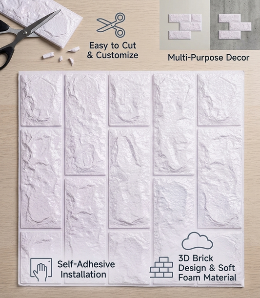 3D White Brick Wall Sticker | Self-Adhesive Foam Wallpaper Panel (70×77 cm)