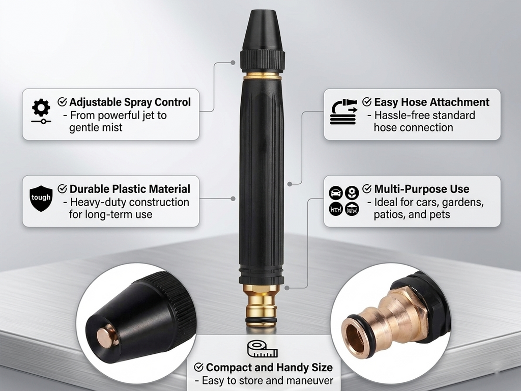 Adjustable Water Spray Nozzle | Durable Garden Hose Sprayer (Black, 1 Pc)
