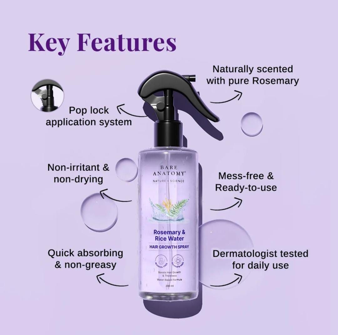 Rosemary & Rice Water Hair Growth Spray 200ml | Hair Fall Control & Thickness Boost