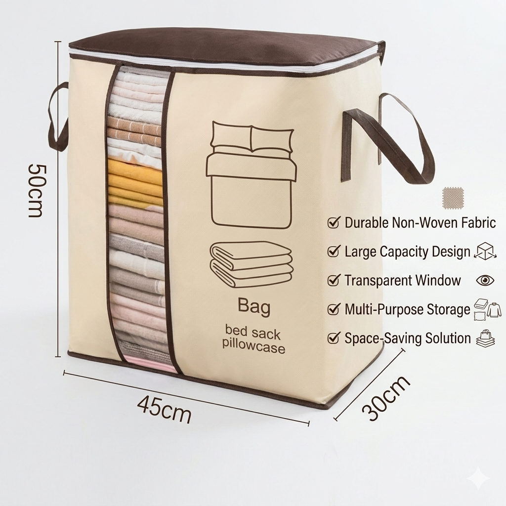 Folding Storage Bag Organizer | Non-Woven Clothes & Blanket Storage with Transparent Window
