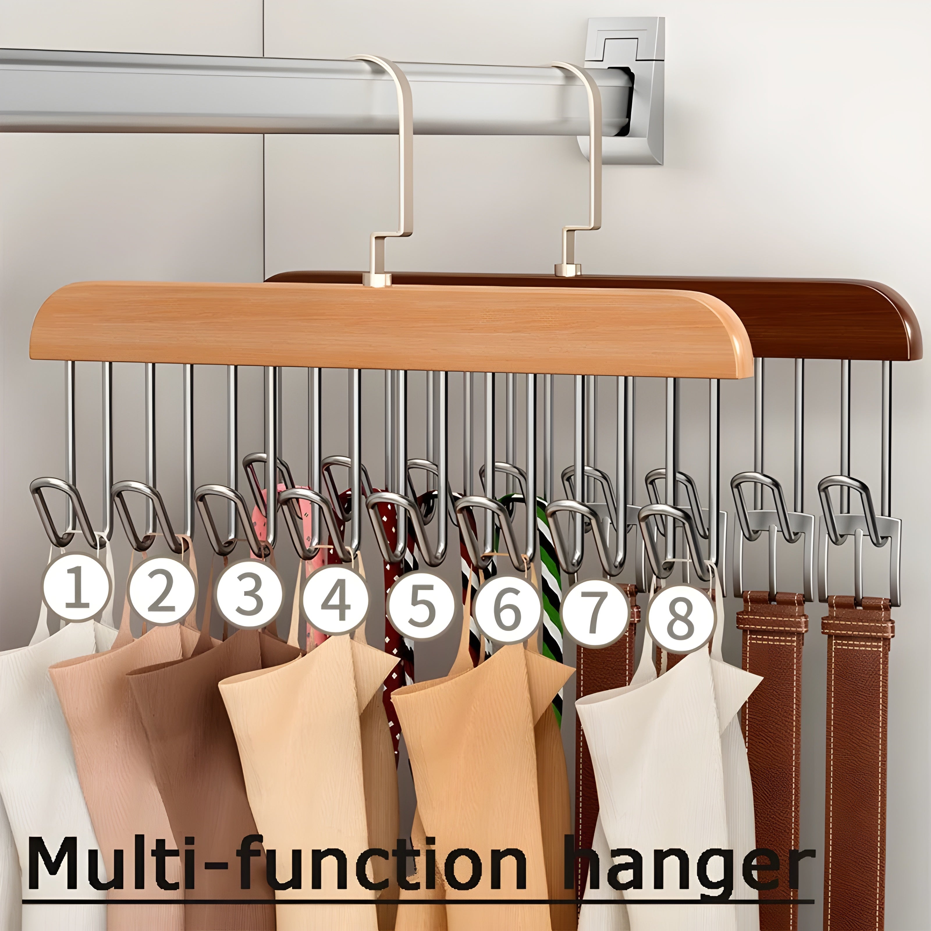 8 Hooks Multi-Function Wooden Hanger | Space-Saving Organizer for Caps, Belts, Ties & Accessories