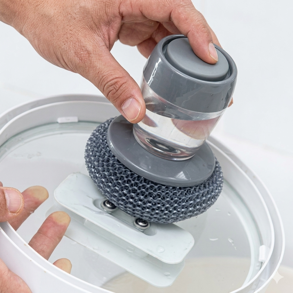 Kitchen Soap Dispensing Palm Brush | Squeeze Liquid Dishwashing Scrubber with Soap Reservoir
