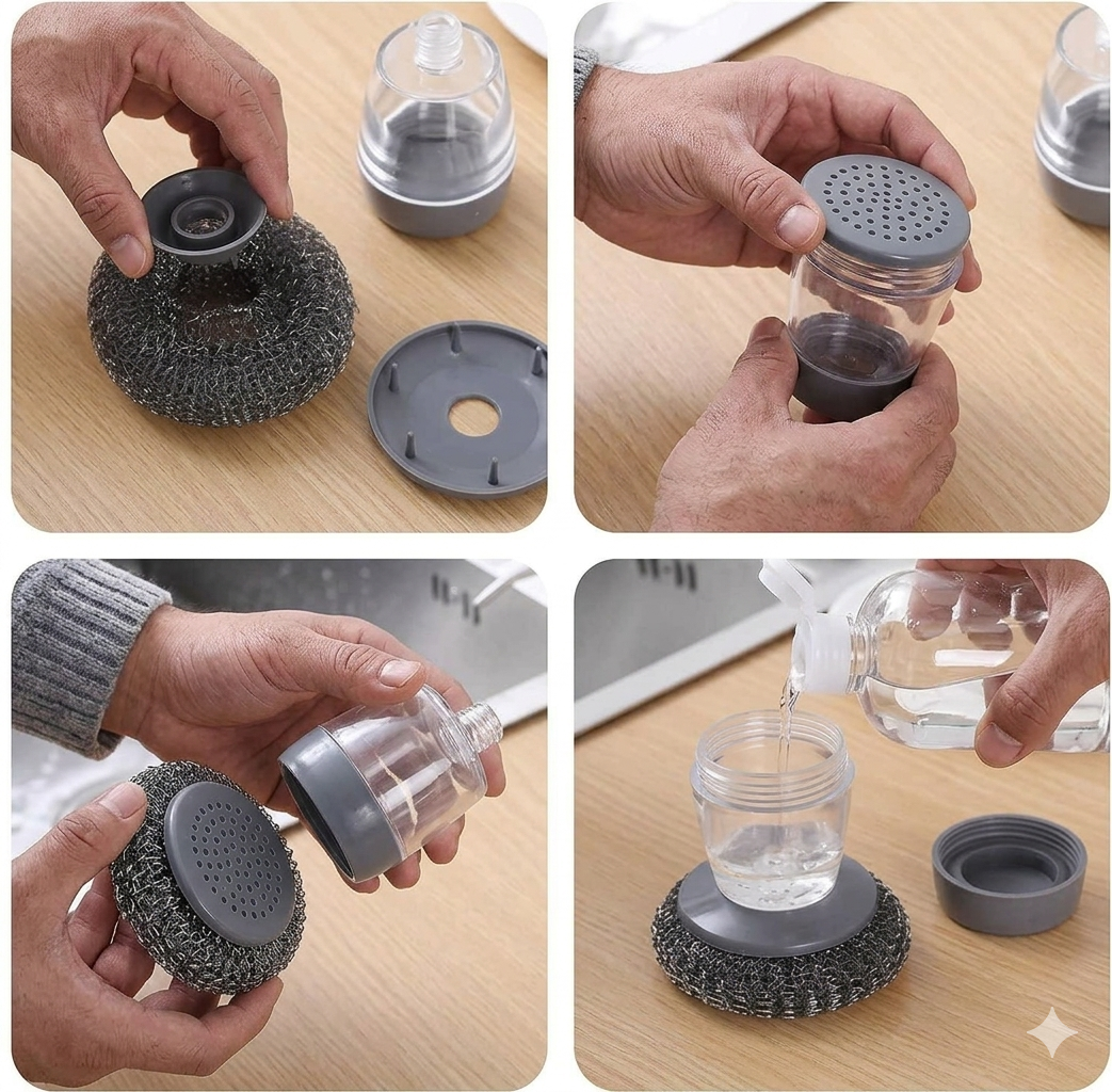 Kitchen Soap Dispensing Palm Brush | Squeeze Liquid Dishwashing Scrubber with Soap Reservoir