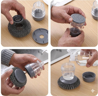 Kitchen Soap Dispensing Palm Brush | Squeeze Liquid Dishwashing Scrubber with Soap Reservoir