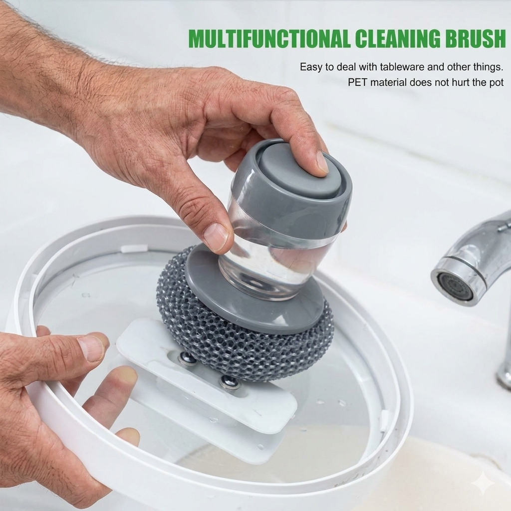 Kitchen Soap Dispensing Palm Brush | Squeeze Liquid Dishwashing Scrubber with Soap Reservoir