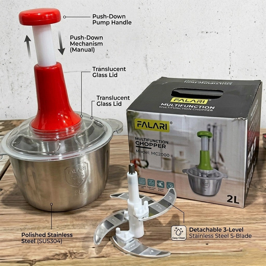 Large 2L Manual Food Chopper & Meat Mincer | Hand-Press Vegetable Cutter, Garlic Crusher & Fruit Processor