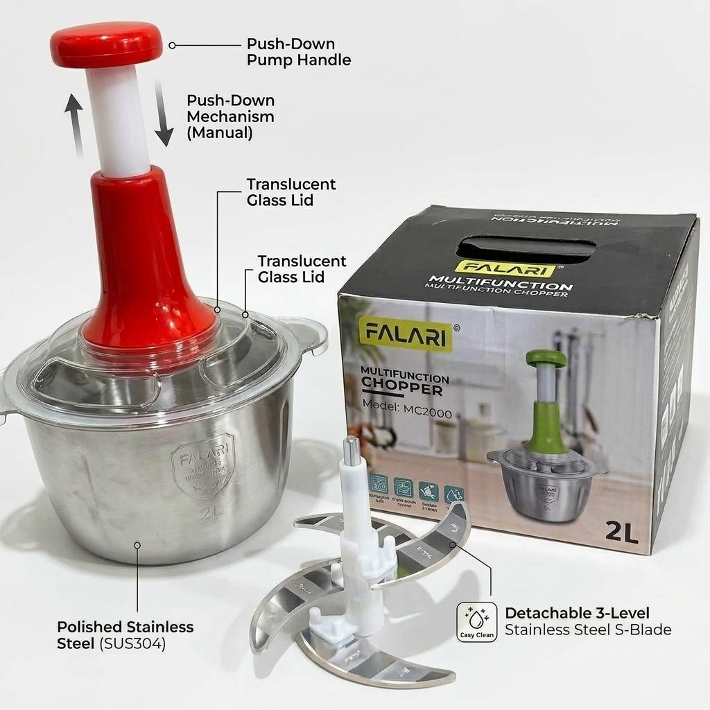 Large 2L Manual Food Chopper & Meat Mincer | Hand-Press Vegetable Cutter, Garlic Crusher & Fruit Processor