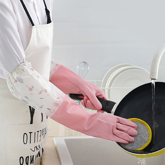 Long Reusable Dishwashing Gloves with Fleece Lining | Waterproof Anti-Slip Cleaning Gloves (Random Color)
