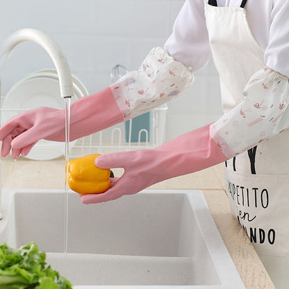 Long Reusable Dishwashing Gloves with Fleece Lining | Waterproof Anti-Slip Cleaning Gloves (Random Color)