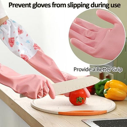 Long Reusable Dishwashing Gloves with Fleece Lining | Waterproof Anti-Slip Cleaning Gloves (Random Color)