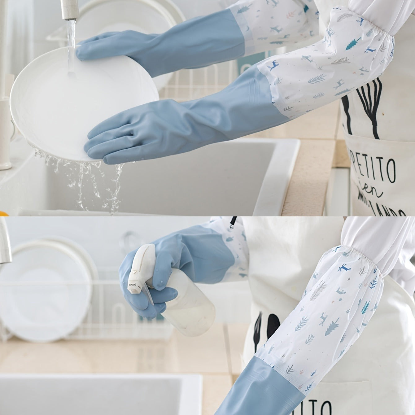 Long Reusable Dishwashing Gloves with Fleece Lining | Waterproof Anti-Slip Cleaning Gloves (Random Color)