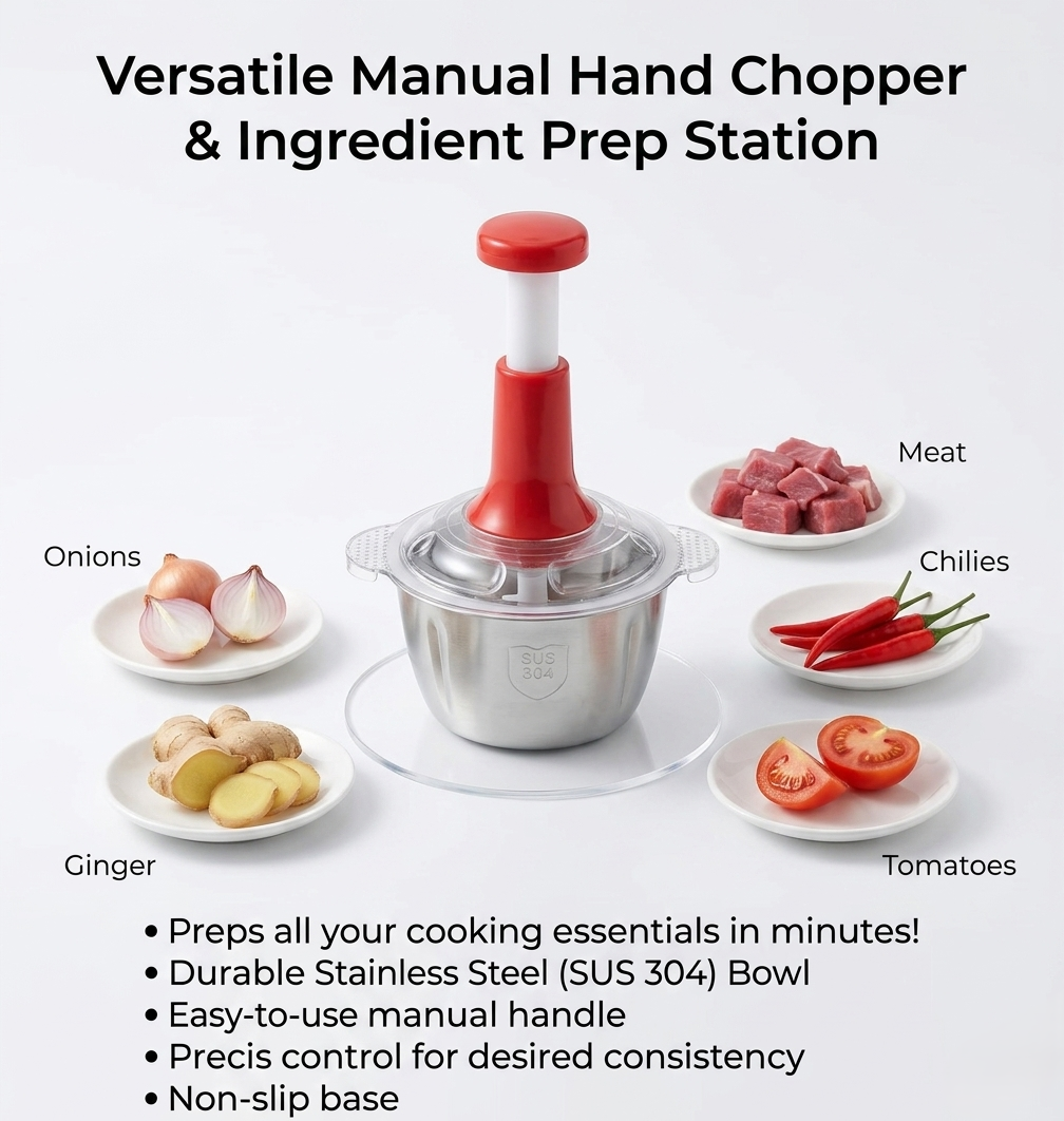 Large 2L Manual Food Chopper & Meat Mincer | Hand-Press Vegetable Cutter, Garlic Crusher & Fruit Processor