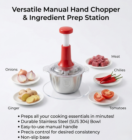 Large 2L Manual Food Chopper & Meat Mincer | Hand-Press Vegetable Cutter, Garlic Crusher & Fruit Processor