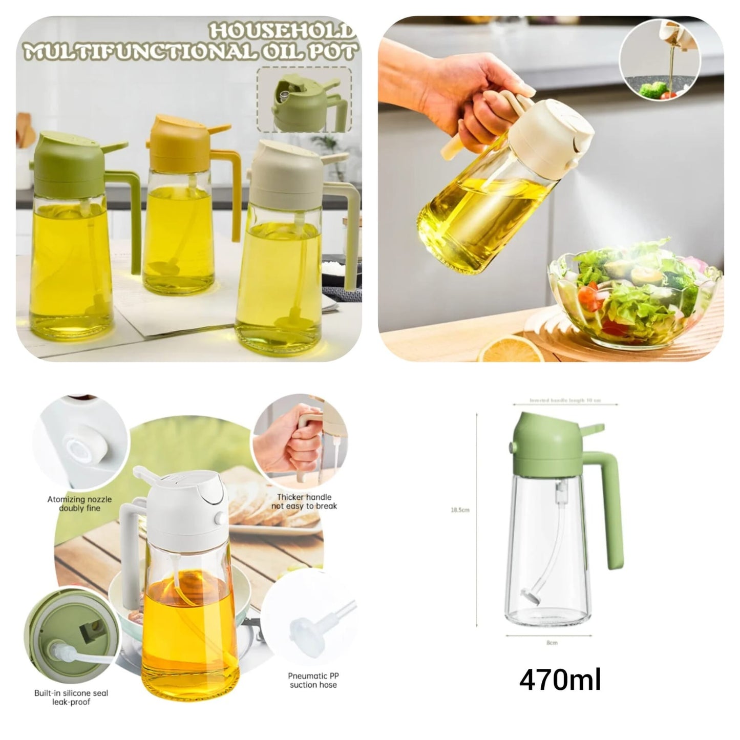 2-in-1 Oil Spray Bottle | Adjustable Mist & Dispenser | 470ml Leak-Proof Glass Container | For Cooking, BBQ, Baking & Air Fryer 470ml
