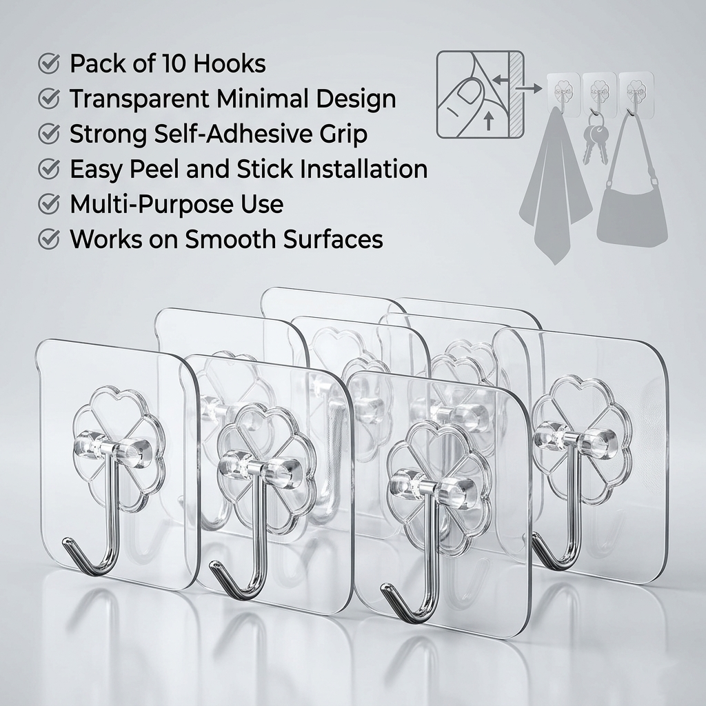 Pack of 10 Transparent Self-Adhesive Wall Hooks | Strong Hold No-Drill Damage-Free Hooks