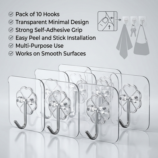 Pack of 10 Transparent Self-Adhesive Wall Hooks | Strong Hold No-Drill Damage-Free Hooks