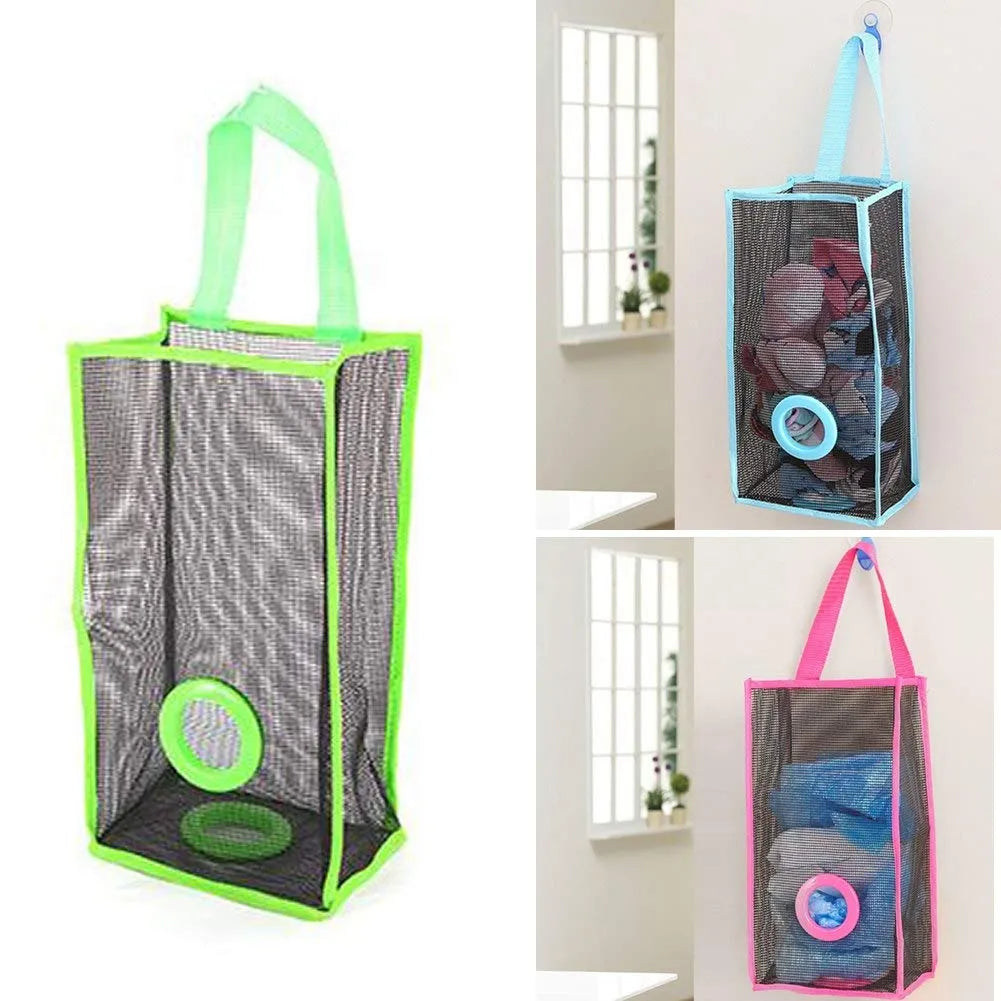 Hanging Plastic Bag Holder & Dispenser | Mesh Storage Organizer for Grocery & Trash Bags