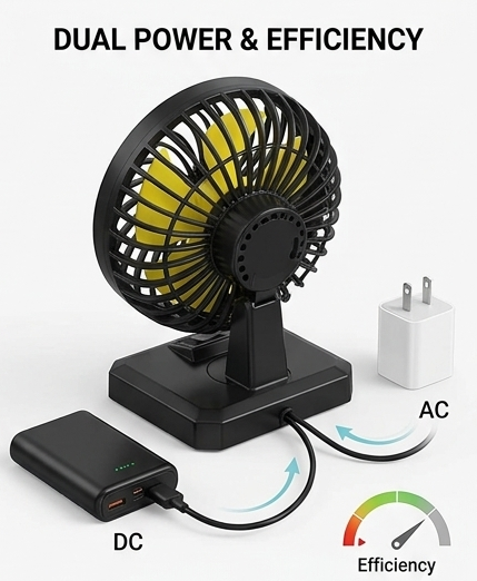 Portable AC/DC Table Fan | 12V Car & 220V Home Mini Desk Fan (8x6 Inches)