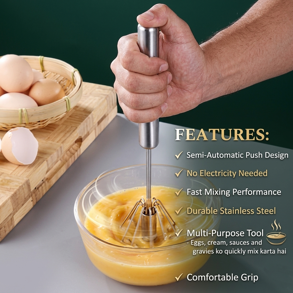 Semi-Automatic Hand Push Egg Beater | Stainless Steel Manual Whisk Mixer (30.5 x 6.5 cm)