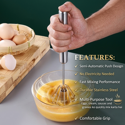 Semi-Automatic Hand Push Egg Beater | Stainless Steel Manual Whisk Mixer (30.5 x 6.5 cm)